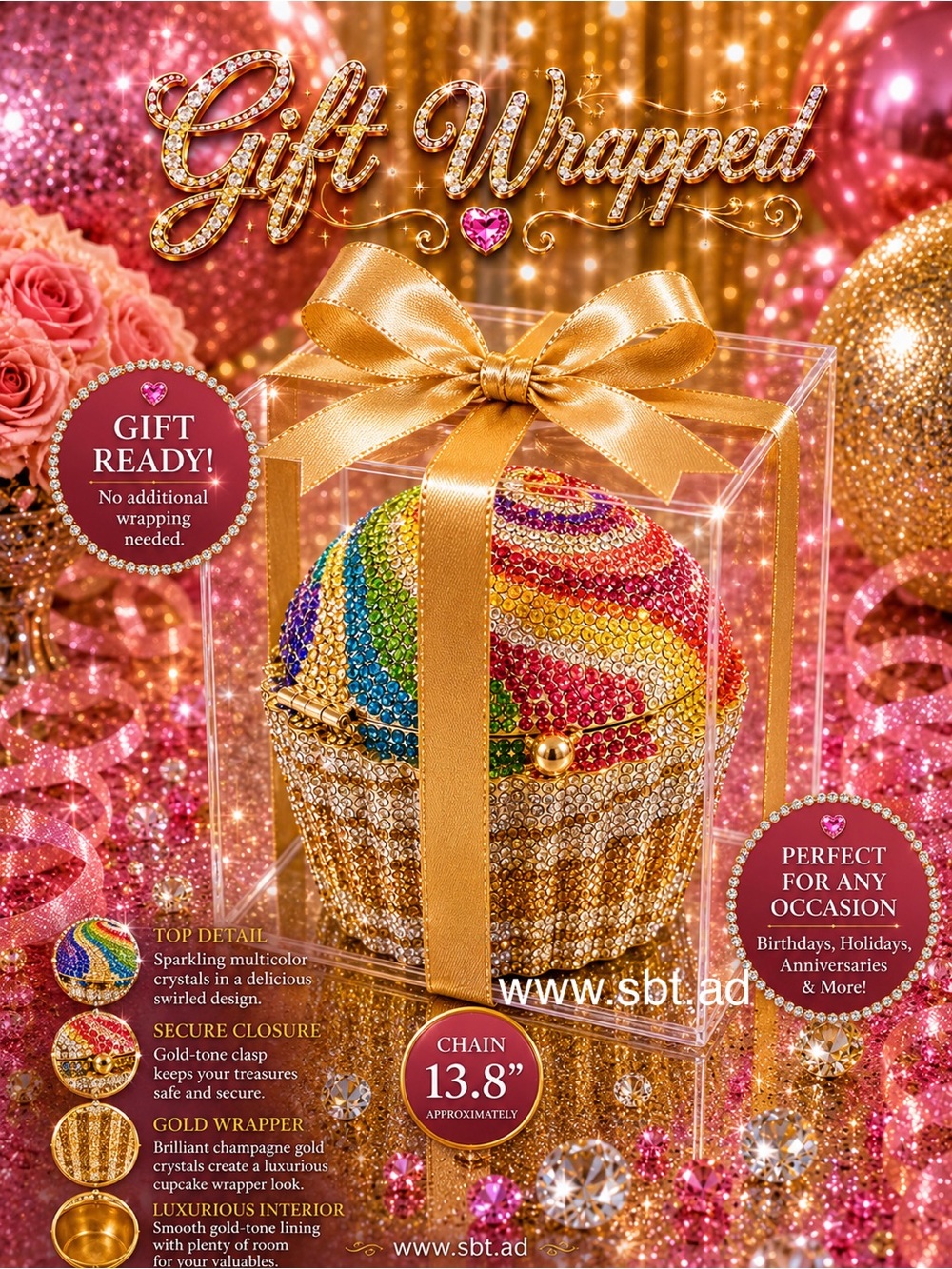 NWT Cupcake Clutch Purse Sparkling Bling Swarovski Crystal Rhinestone Bag +Gift